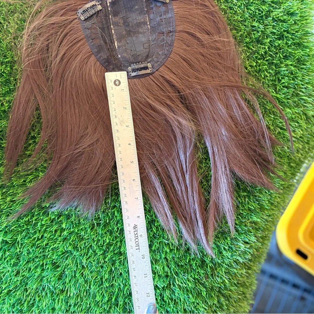 HUMAN HAIR TOPPER WIG LONG STRAIGHT BROWN CLIP IN GUC BANGS
